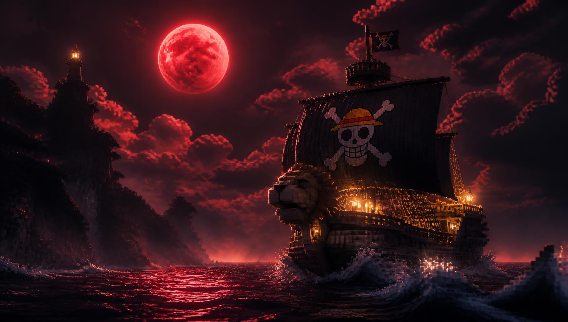 Navio pirata navegando sob a lua vermelha no servidor de Minecraft One Piece